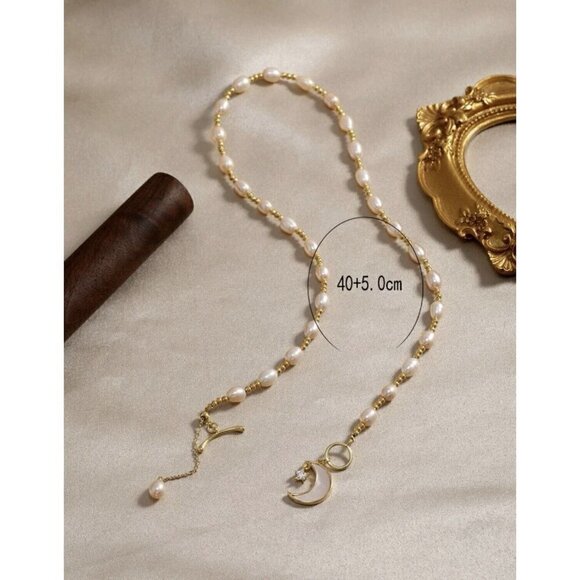 Cultured Pearl Moon Star Charm Necklace OT Buckle White Chain Real Natural - Picture 10 of 10